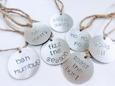 xmas aluminium handstamped decorative bottle and gift tags